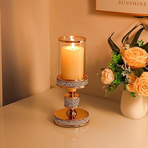 Miniatura 7 de Portavelas de pilar con vidrio a prueba de viento, soportes de metal para huracanes, soporte de vela de cristal dorado para centros de mesa,