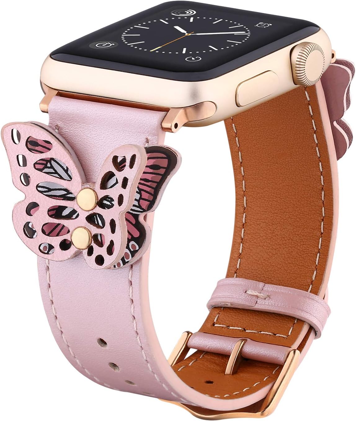 Handmade Butterfly Leather Bands Compatible with Apple Watch 38mm 40mm Fashion Design Watchband for iwatch Series 4/3/2/1 Replacement Bands Strap Wristbands for Women (Light Pink, 42mm/44mm)