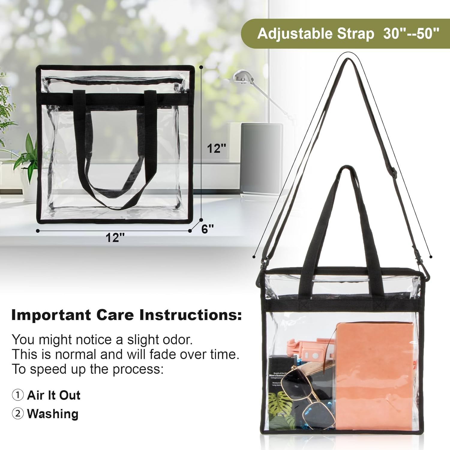 Clear Bag For Stadium Events Clear Tote Bag With Zipper 12x6x12 Stadium Shoulder Bag Large Transparent Crossbody With Adjustable Strap Black Pvc Bags With Handle For Women - Image 3