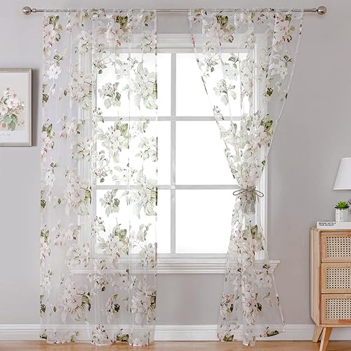 Miniatura 3 de BROSHAN Cortinas transparentes con estampado floral, bonitas cortinas de flores rosas con patrón de hojas verdes salvia, juego de 2 cortinas de tul