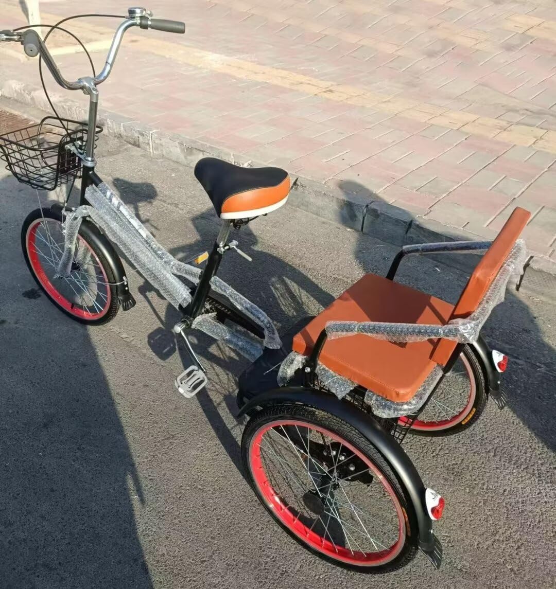 Elderly Tricycle,Adult Rickshaw Pedal Tricycle,Leisure Mobility Vehicle,16inch/20inch Tandem Trike with Rear seat,Sensitive Dual Brakes,Scooter Bike (Black 20inch)