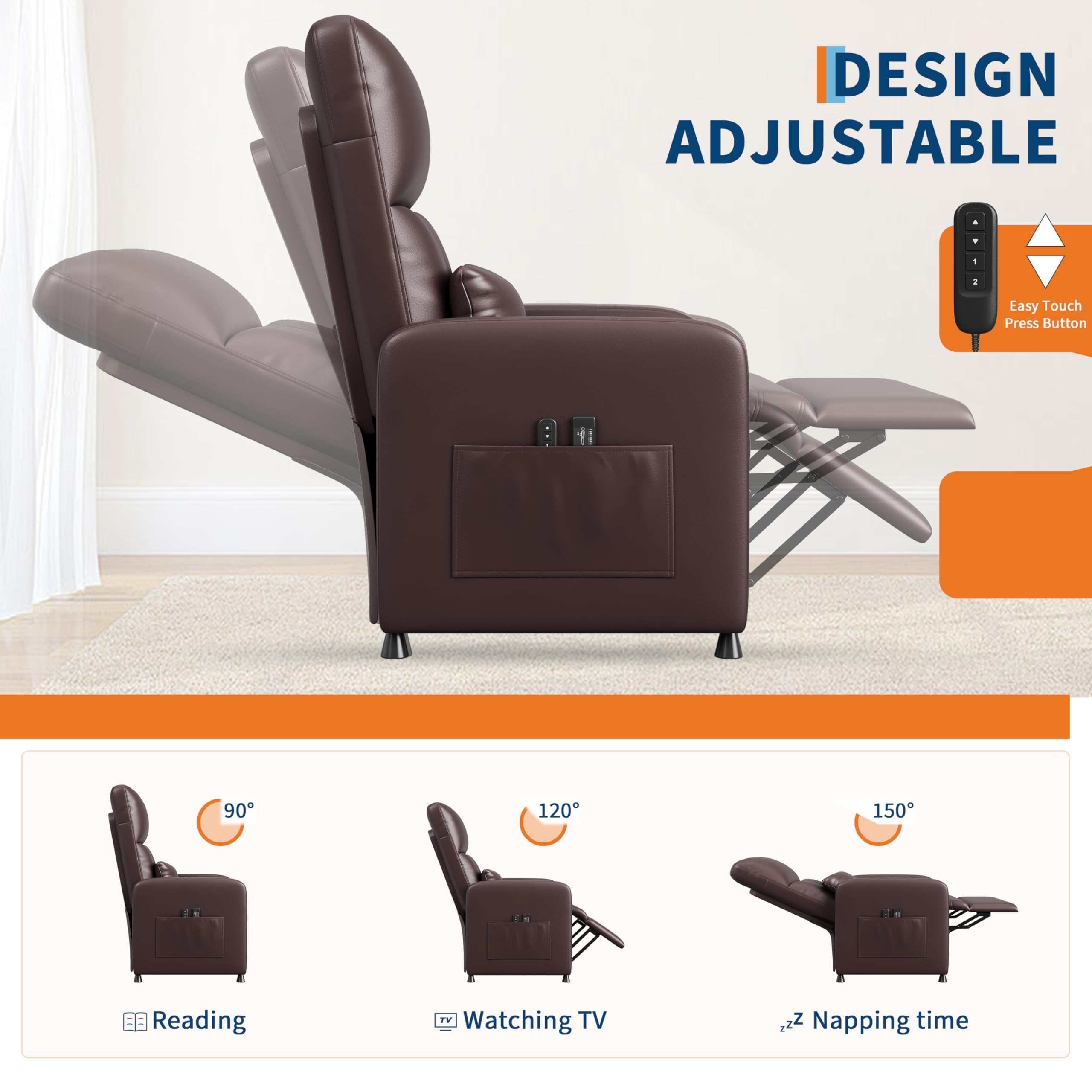 Elektrischer Massagesessel Wohnzimmer, Relaxsessel mit 8 Massage-Modi, Heizfunktion, Liege- & Aufstehhilfe, hohe Rückenlehne, verlängerter Fußstütze, ergonomisches PU-Leder, bis 180 kg belastbar