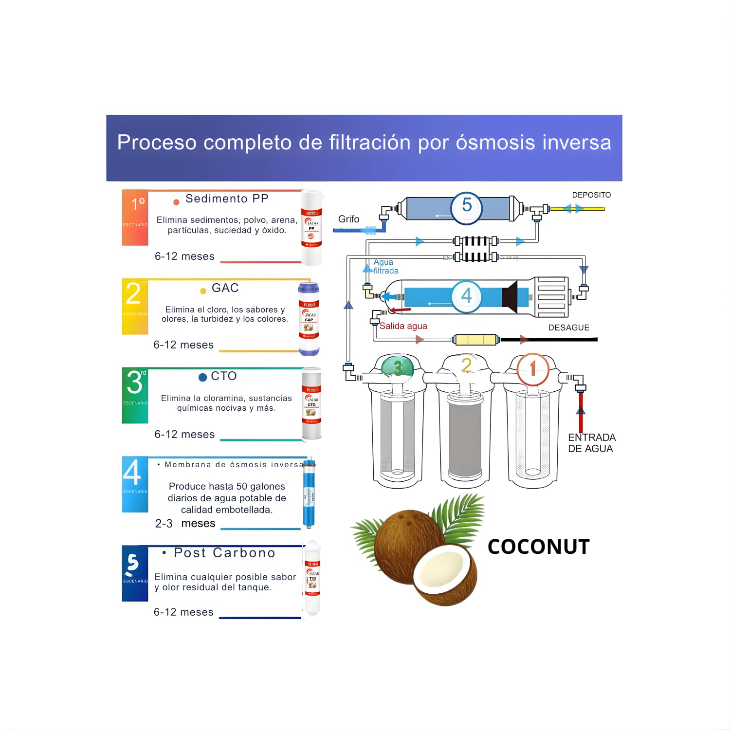 Equipo de Osmosis Inversa 5 Etapas Domestico con Membrana de 50 Gpd Incluye Filtros Osmosis Inversa 5 Etapas de Coconut Ecologico, Deposito Osmosis 5 Litros, Grifo de Osmosis Inversa y Bastidor ABS