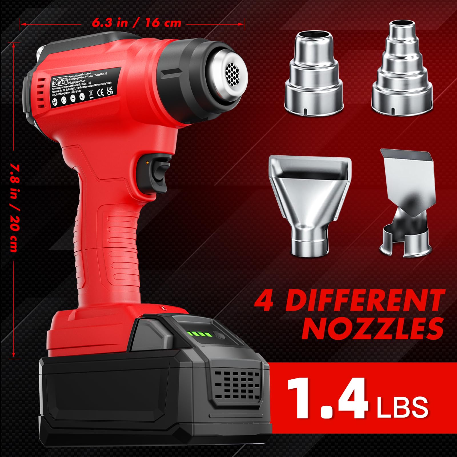 Pistola de calor inalámbrica para batería Milwaukee de 18 V 350 W 648.9 °C (550 °C) pistola de calor de soldadura, kit de pistola de aire caliente con control de temperatura variable con 4 boquillas y