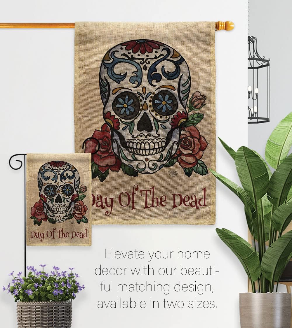 Day of The Dead Garden Flag Set Wall Hanger Fall Dia De Los Muertos Fiesta Mexican Party Autumntime House Decoration Banner Small Yard Gift Double-Sided, Thick Burlap, Made in USA
