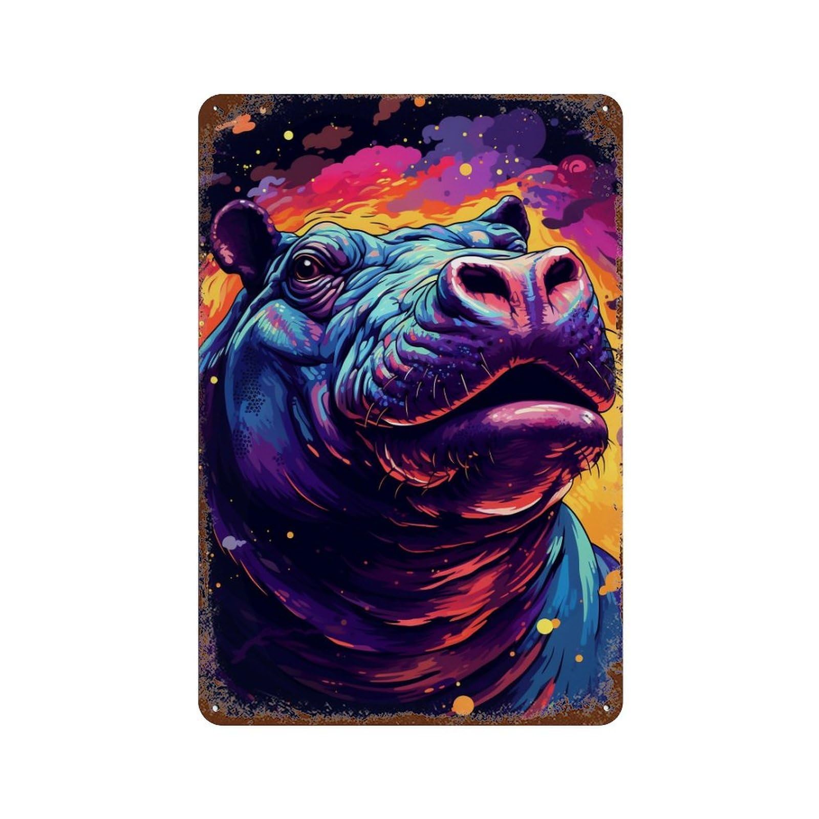 Decorative Tin Sign with Colorful Hippo Illustration Design 11.8"x7.9", for Farmhouse, Kitchen And Entryway Decor, Old School Wall Decor