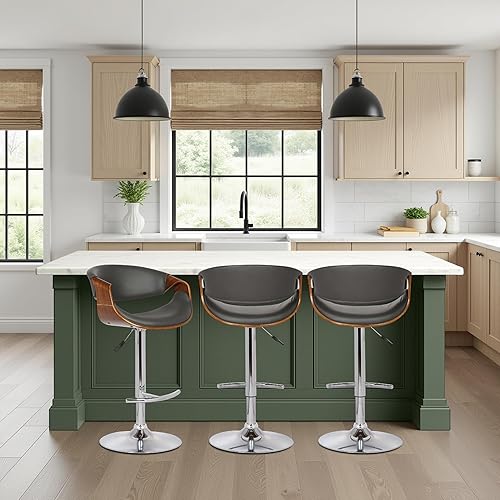 Vista 27 de Armen Living Taburete de bar ajustable giratorio de mariposa en piel sintética gris y acabado de madera de nogal