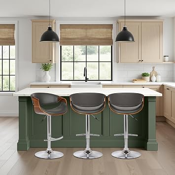 Armen Living Butterfly Adjustable Height Swivel Gray Faux Leather and Walnut Wood Bar Stool with Chrome Base - Set of 3