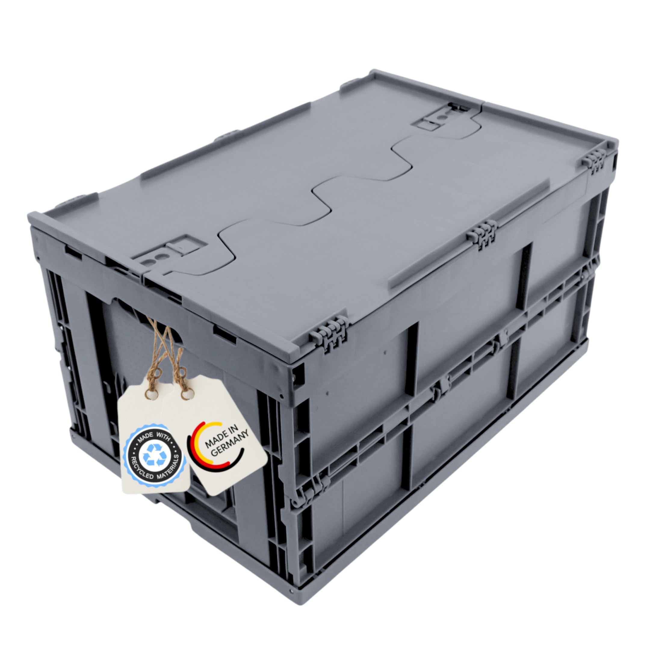 Caja plegable resistente con tapa, contenedor grande 60L, caja de transporte plegable, 60% plástico reciclado, Fabricada en Alemania, Etiqueta Ecológica, 60x40x33 cm, gris