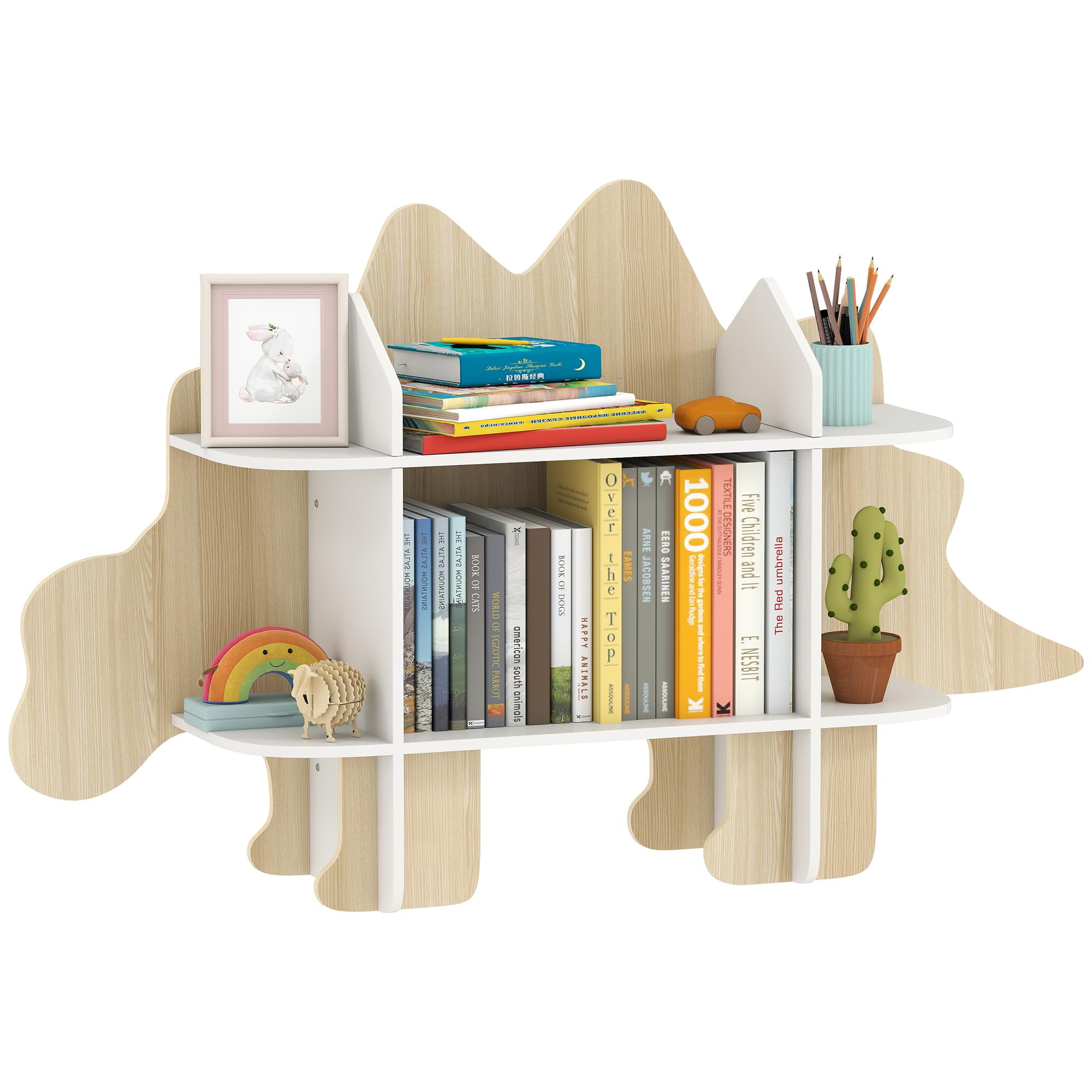 AIYAPLAY Libreria per bambini con design a dinosauro, contenitore per giocattoli e libri, con 6 scomparti, altezza 72,2 cm, per camera da letto o stanza dei giochi, legno naturale