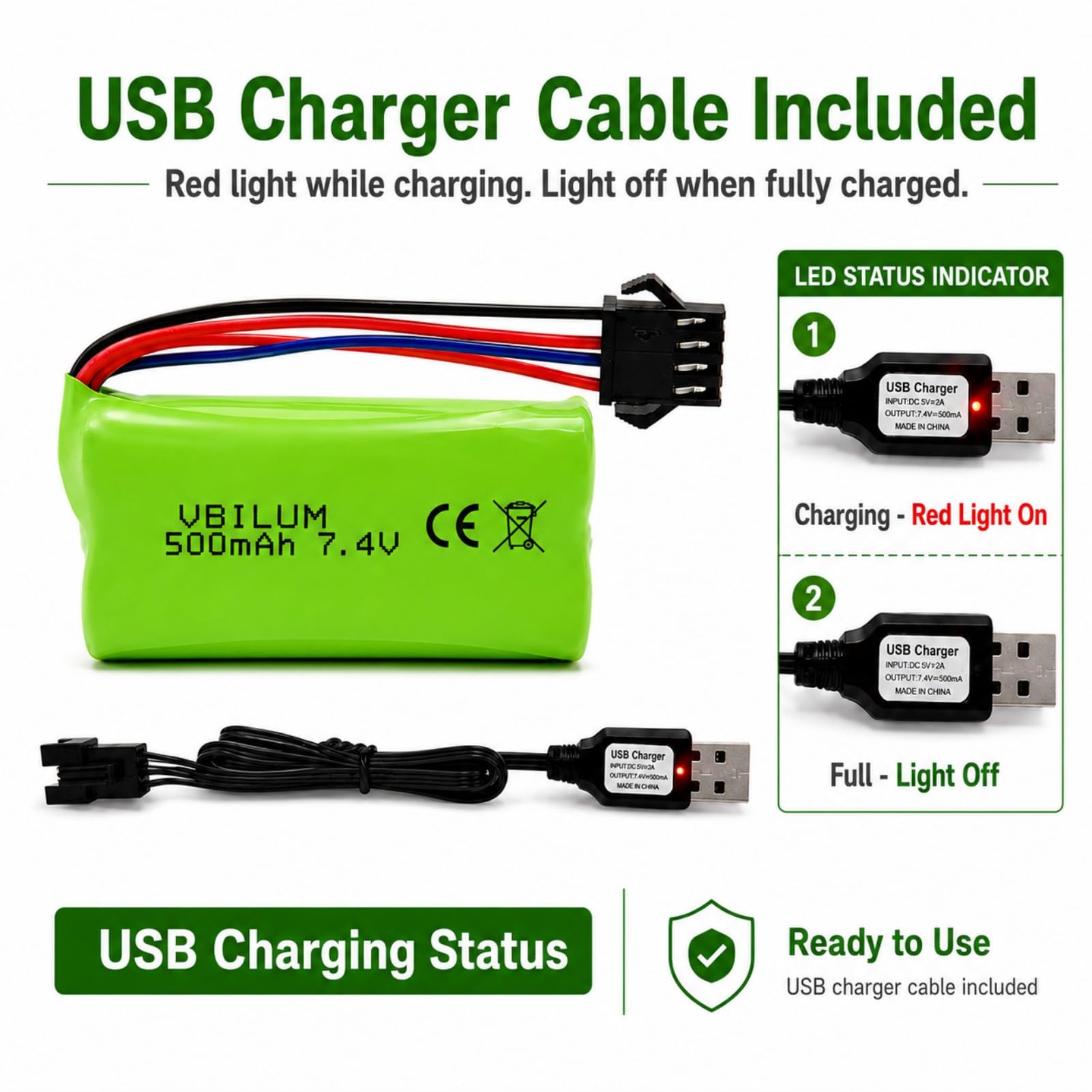 Lot De 2 Batteries Li-ion 7,4V 500mAh SM-4P Pour RC DE85, XS-1S, HM202 – Avec Câble USB