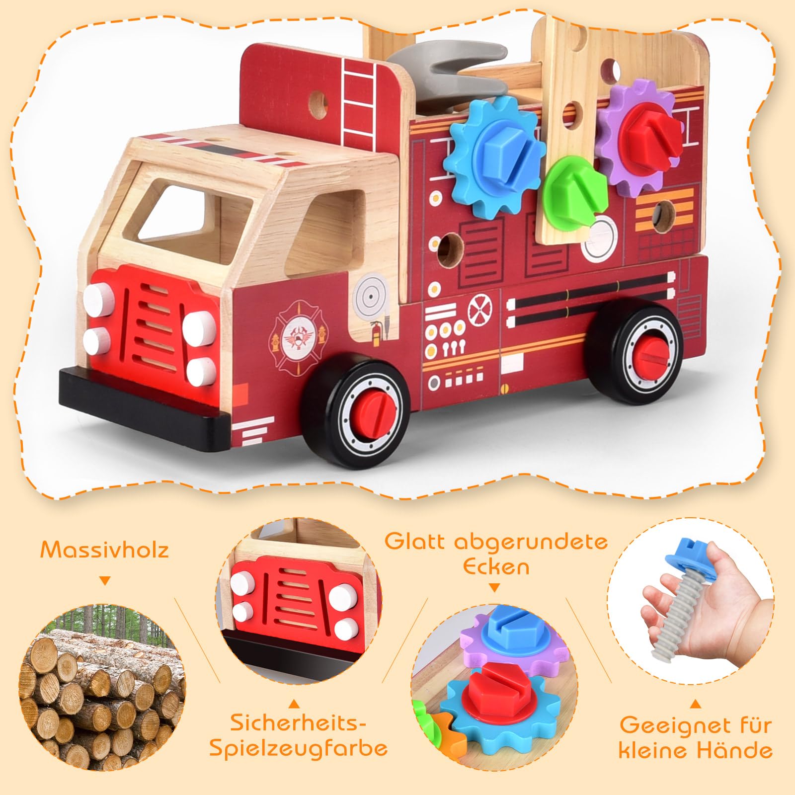 Nauotk Werkzeugkoffer Kinder Werkbank, 2 in 1 Feuerwehrfahrzeug aus Holz und Werkzeug Kinder, Montessori Holzspielzeug Spielzeug ab 2 3 4 5 Jahre, Kinderwerkzeug Werkzeugwagen, Geschenk Junge Mädchen