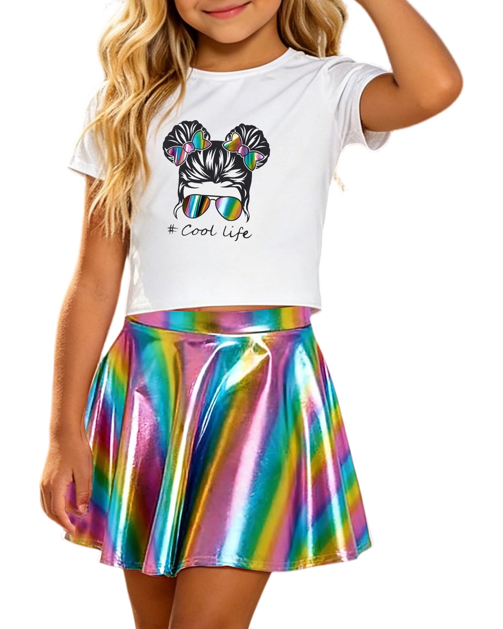 Betusline Girls 2 Piece Outfits Short Sleeve Crop Top and Metallic Skater Skirt Set for Kids Dance Party Tennis, 4-14Y