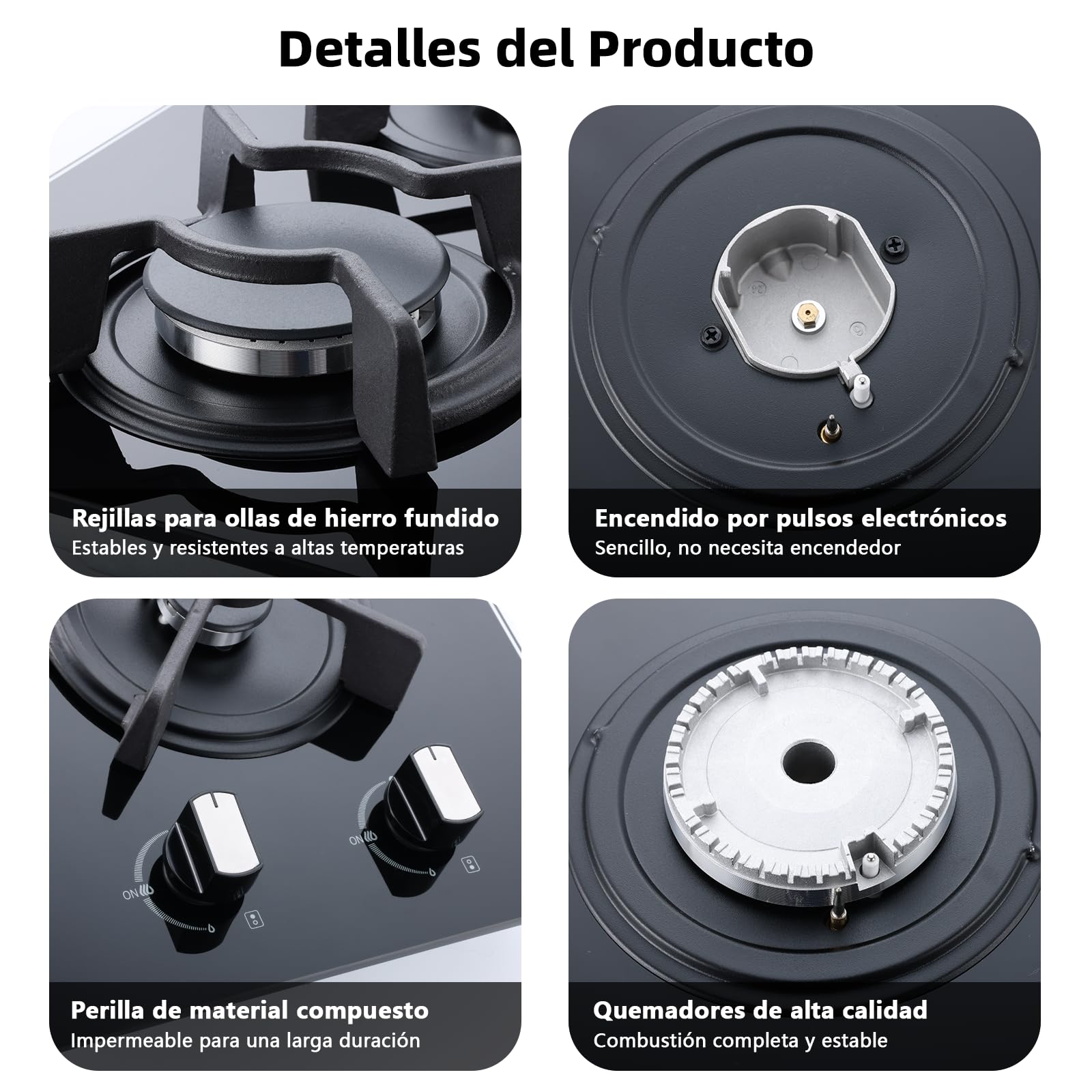 WEHIMO - Placa de cocina de gas de 2 fuegos, 2 fuegos empotrable, rejilla hierro fundido, 3700 W, gas ciudad y botella, cristal negro