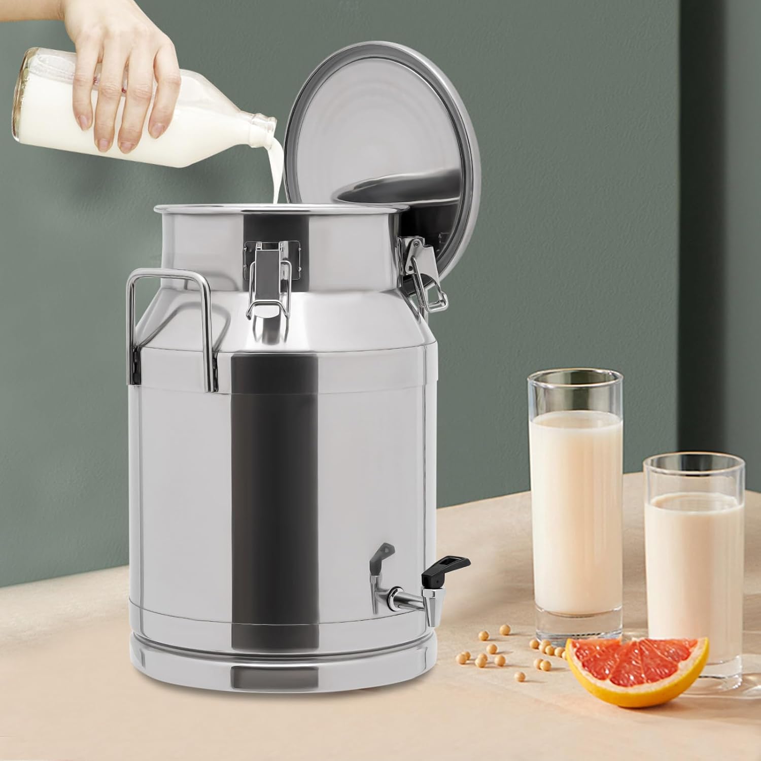 8Gal Stainless Steel Milk Can with Spigot, 30L Beverage Dispenser Bucket, Hanging Lid Container for Water, Oil, Tea, and Wine - Durable & Versatile Pail