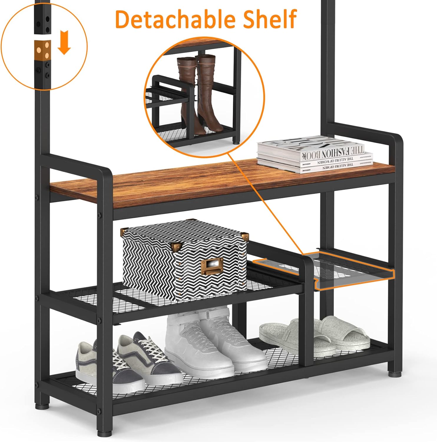 Mr IRONSTONE Coat Rack Shoe Bench Hall Tree with Detachable Shelf, 3-in-1 Entryway Shoe Rack Shelf Mudroom Garage Storage Organizer, 33.1" L x 11.8" W x 71.5" H (Vintage+Black) : Home & Kitchen