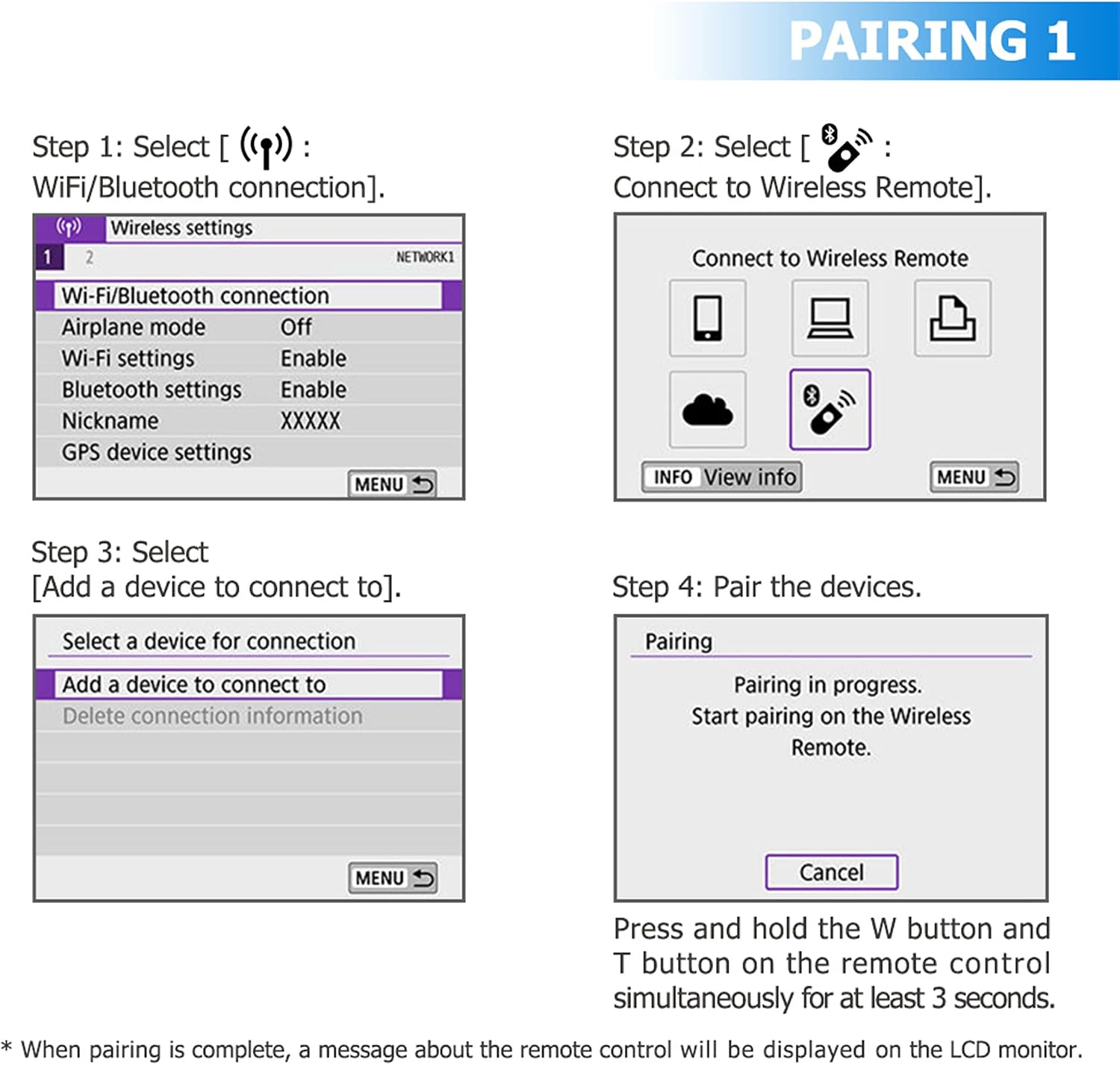 Camera screen showing pairing steps for JJC BTR C1 remote control