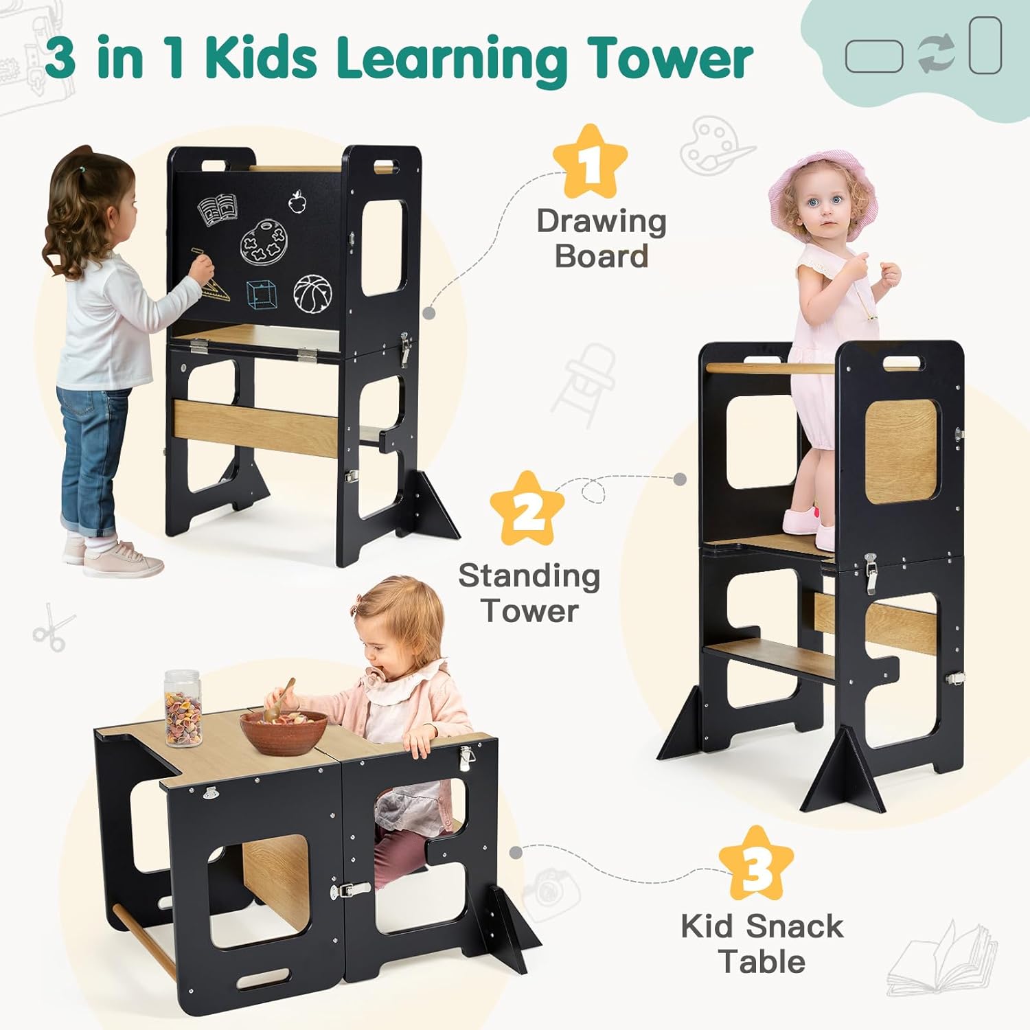 Toddler Kitchen Tower, Learning Standing Tower, 2-in-1 Kitchen Black Wooden Stool Helper with Chalkboard Montessori and Waldorf Helper for Kids in Kitchen - Image 3