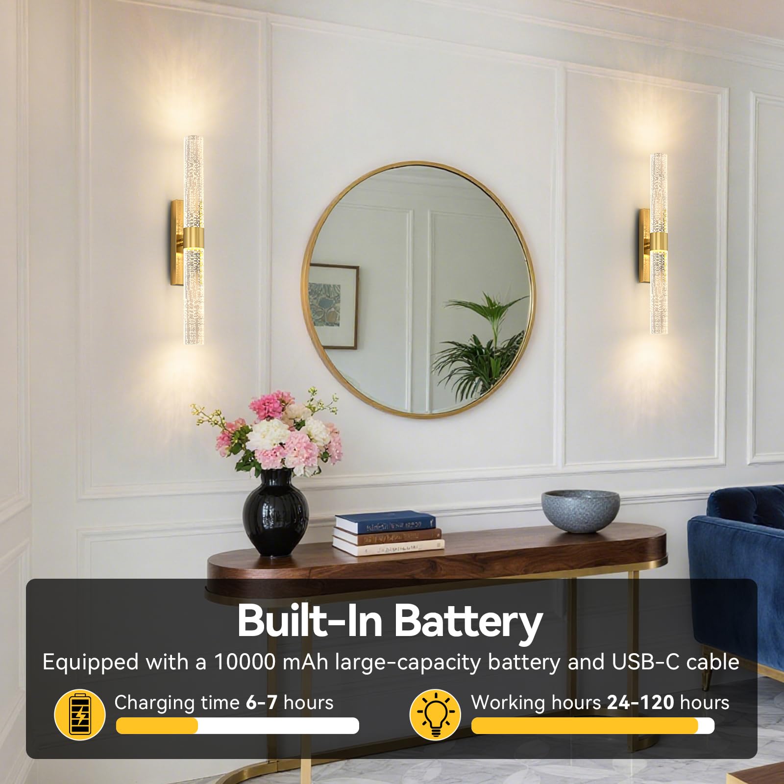 Set di 2 applique da parete a batteria, 10000 mAh, luci da parete ricaricabili oro con telecomando, lampada da parete wireless dimmerabile per camera da letto, soggiorno, corridoio, 40 cm