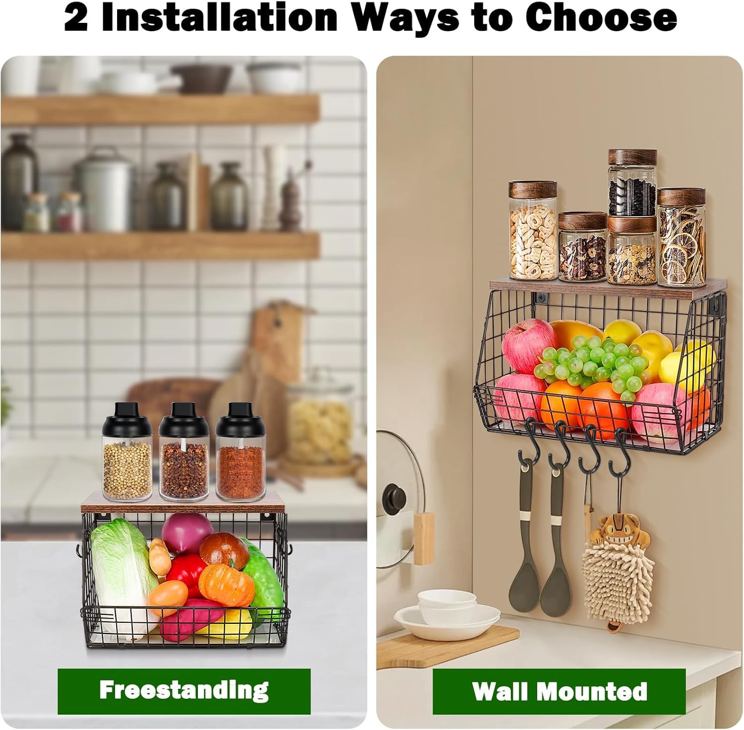 Tapvai Sprifityy Portafrutta Cesto Frutta da Tavolo,con Coperchio in Legno,Impilabile e Montabile a Parete Cestino Frutta,Frutta e Verdura Organizer da bagno in filo metallico