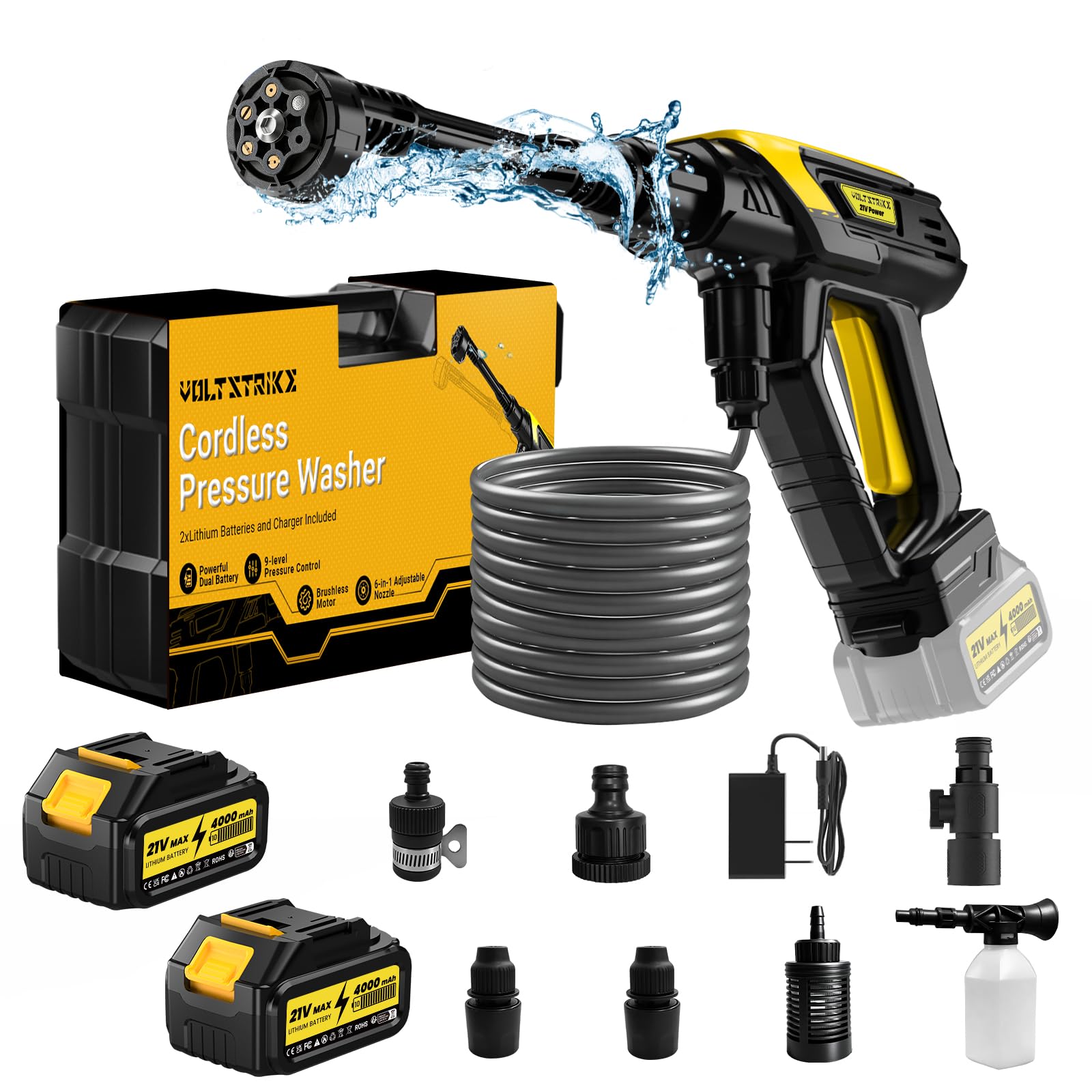 Nettoyeur Haute Pression Sans Fil, VOLTSTRIKE Nettoyeur Haute Pression sur Batterie, Buse 6-en-1, avec 2 Batteries 4,0 Ah, 9 Niveaux de Pression Réglables, pour Jardin, Terrasse et Nettoyage Extérieur