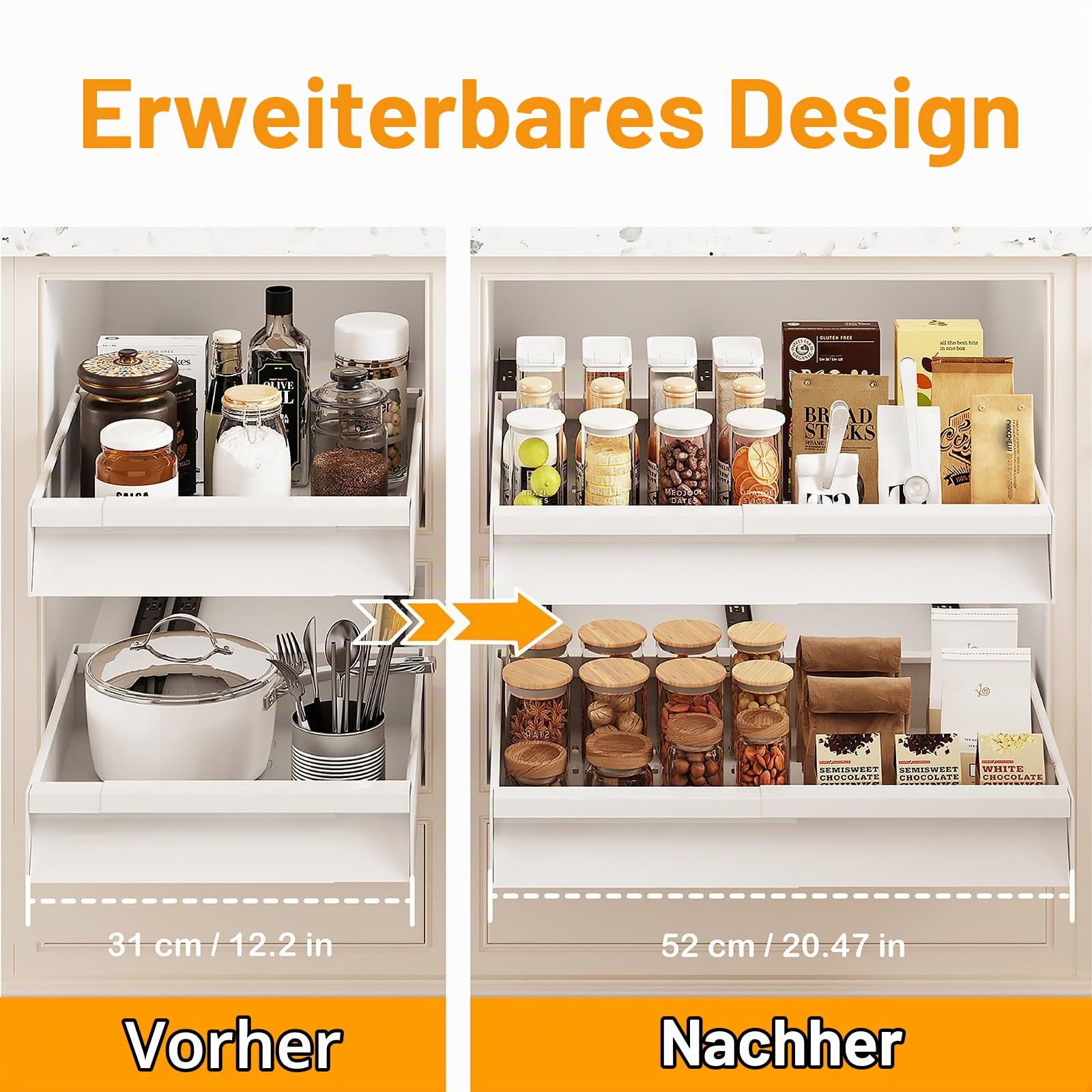4 Stück Ausziehbare Schublade Küche, Teleskopschublade mit Griff, Verstellbare Breite 31–52 cm, Metall Schrank-Schubladen-Organizer, mit erhöhten Klebepads, keine Bohrung erforderlich, Weiß