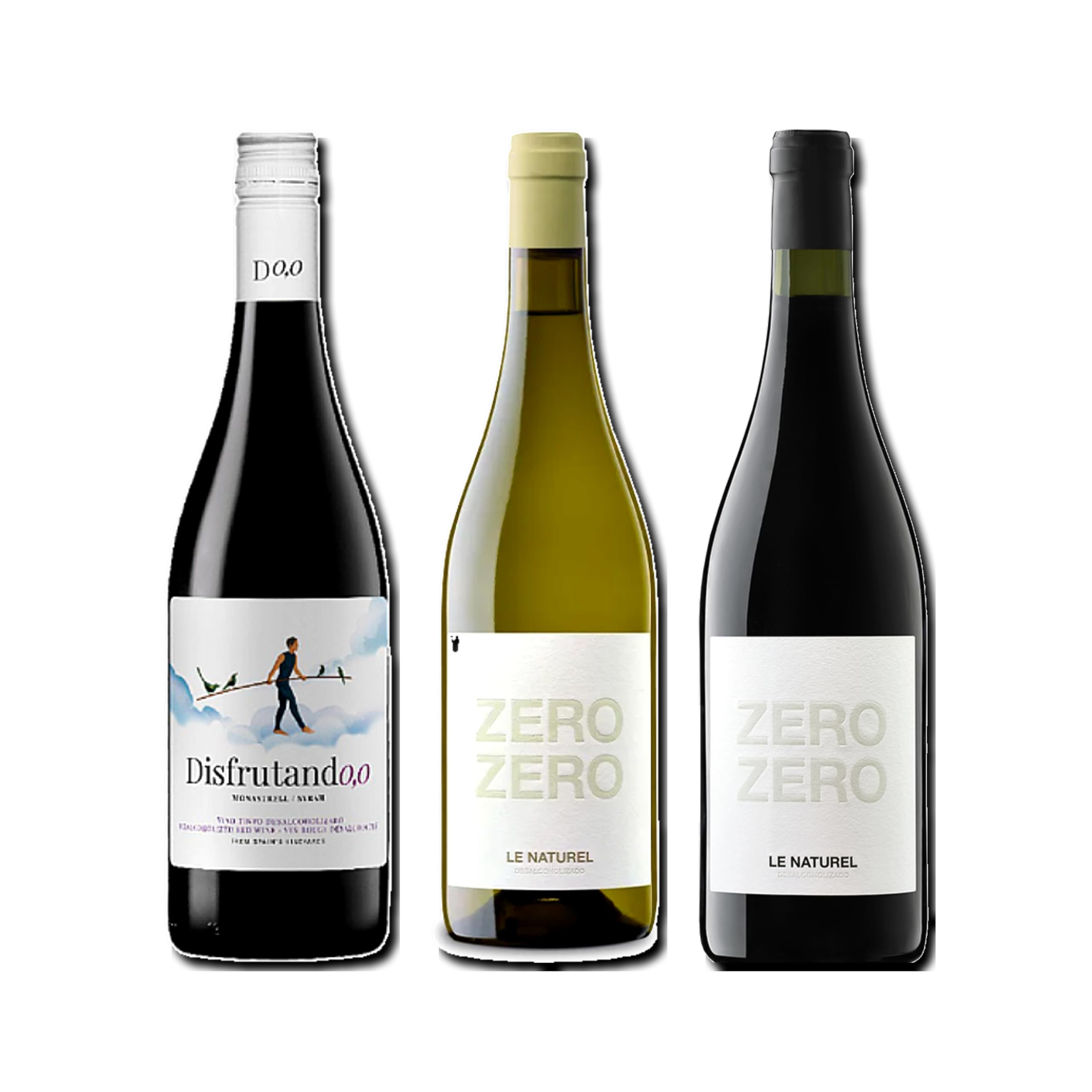 vino sin alcohol 0,0 Disfrutando 0,0 Tinto, Zero Zero Le Naturel Blanco y Le Naturel Zero Zero Tinto pack de 3 botellas 75cl