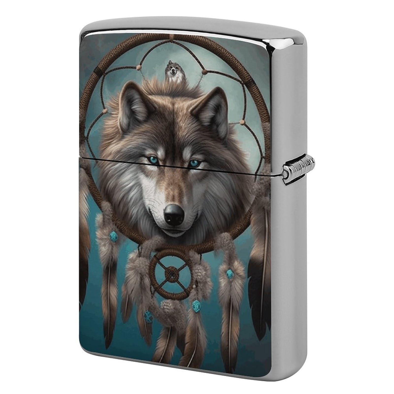 3D Wolf Dream Catcher Lighter Case Cover Vintage Metal Lighter Sleeve Reusable Lighter Protective Cover Decorative Lighter Holder Birthday Gifts for Men Women