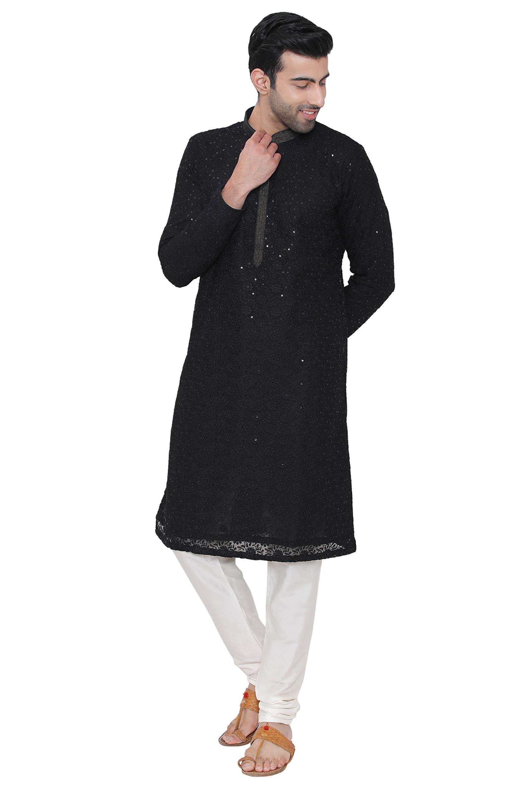 Manyavar Embroidered Knee Long Full Sleeves Kurta and Churidar Set for Men - (Black, Large) (SOSK452) 1