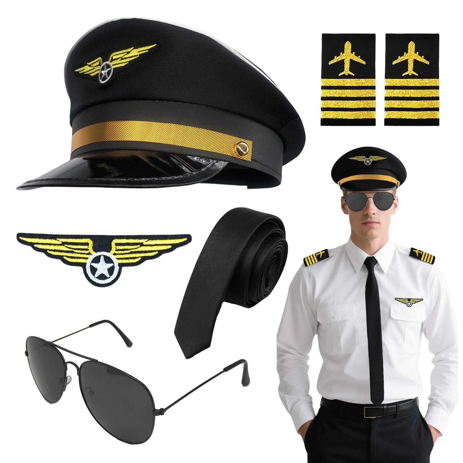 EUPSIIU 6 Pcs Airline Pilot Captain Hat Costume Accessories Set,Halloween Pilot Airplane Captain Costume Fancy Dress Kit, Aviator Hat, Armband Badge Tie Glasses, for Cosplay Dress up Party (Black)