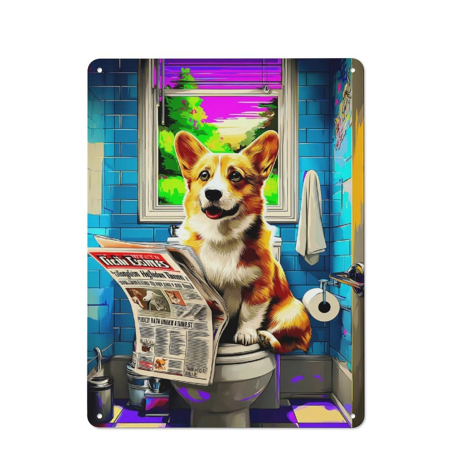 Corgi Reading Newspaper in Bathroom Tin Wall Plaque 40x30cm, Rustic Farmhouse Wall Decor for Dining Room, Cafe, Entryway Or Family Room