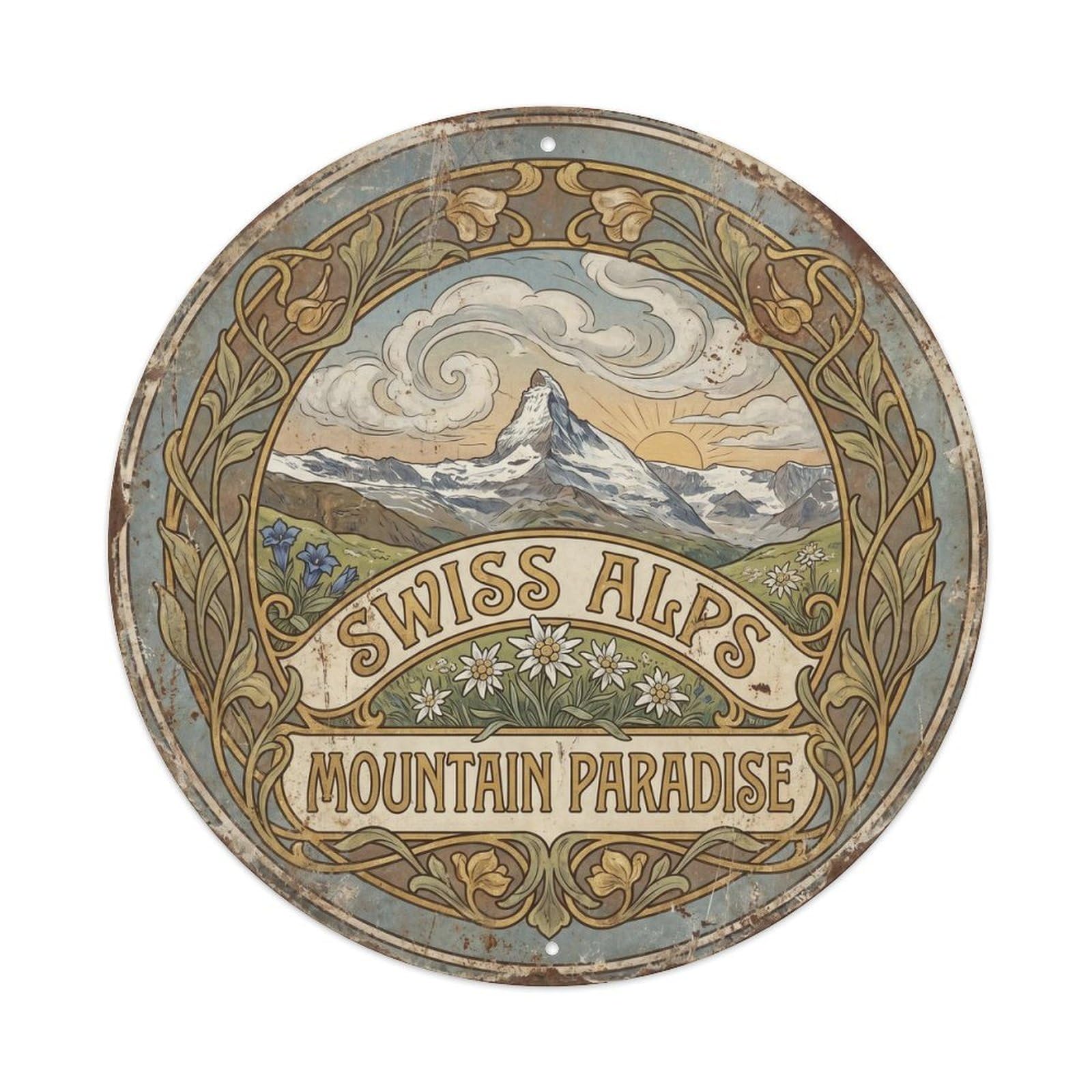 Vintage Travel Alpine Panorama Switzerland Metal Tin Sign Plaque Wall Decor for Cafe, Club, Garden Round Metal Poster 8x8Inch