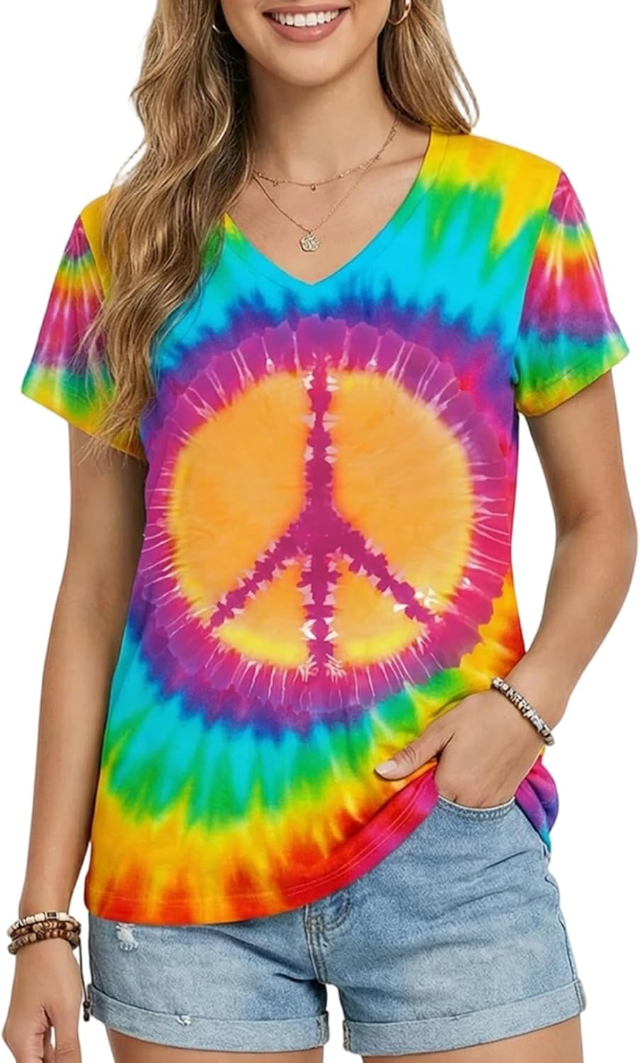 Women Hippie Shirt 60s 70s Peace Love Graphic Tie Dye V-Neck Tshirt Vintage Hippie Style Tee Tops