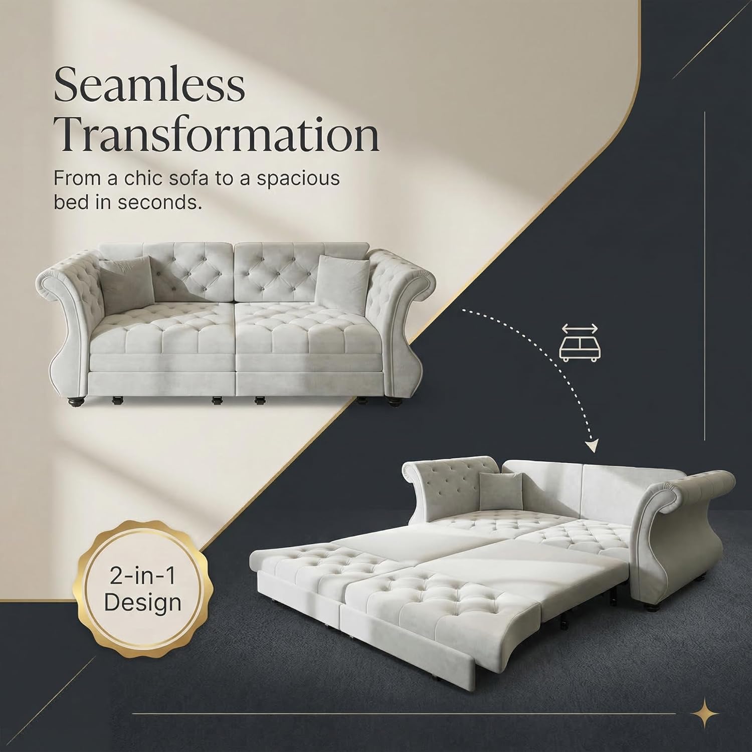 83.8" Queen Size Sleeper sofa bed, 3-in-1 Convertible Oversized Chesterfield Pull Out Couch, Roll Arm Velvet Couch with Flower Tufting, Upholstery for Living Room/Bedroom/Apartment, Light Grey