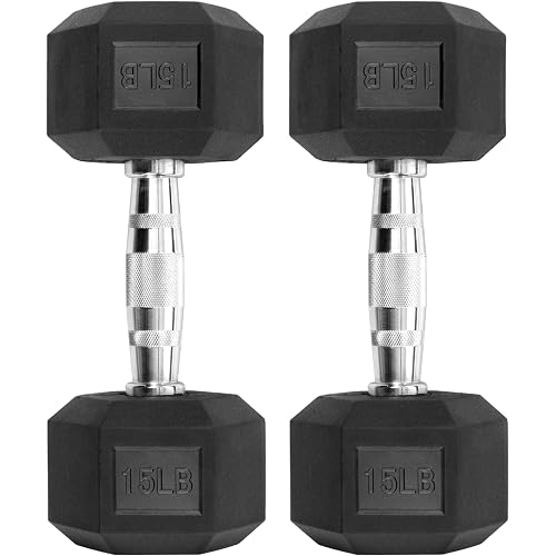 HulkFit 15 LBS Pair Rubber Coated Hex Dumbbells, Anti-Roll Hand Weights Set of 2, Non-Slip Ergonomic Handle Low Odor for Home Gym