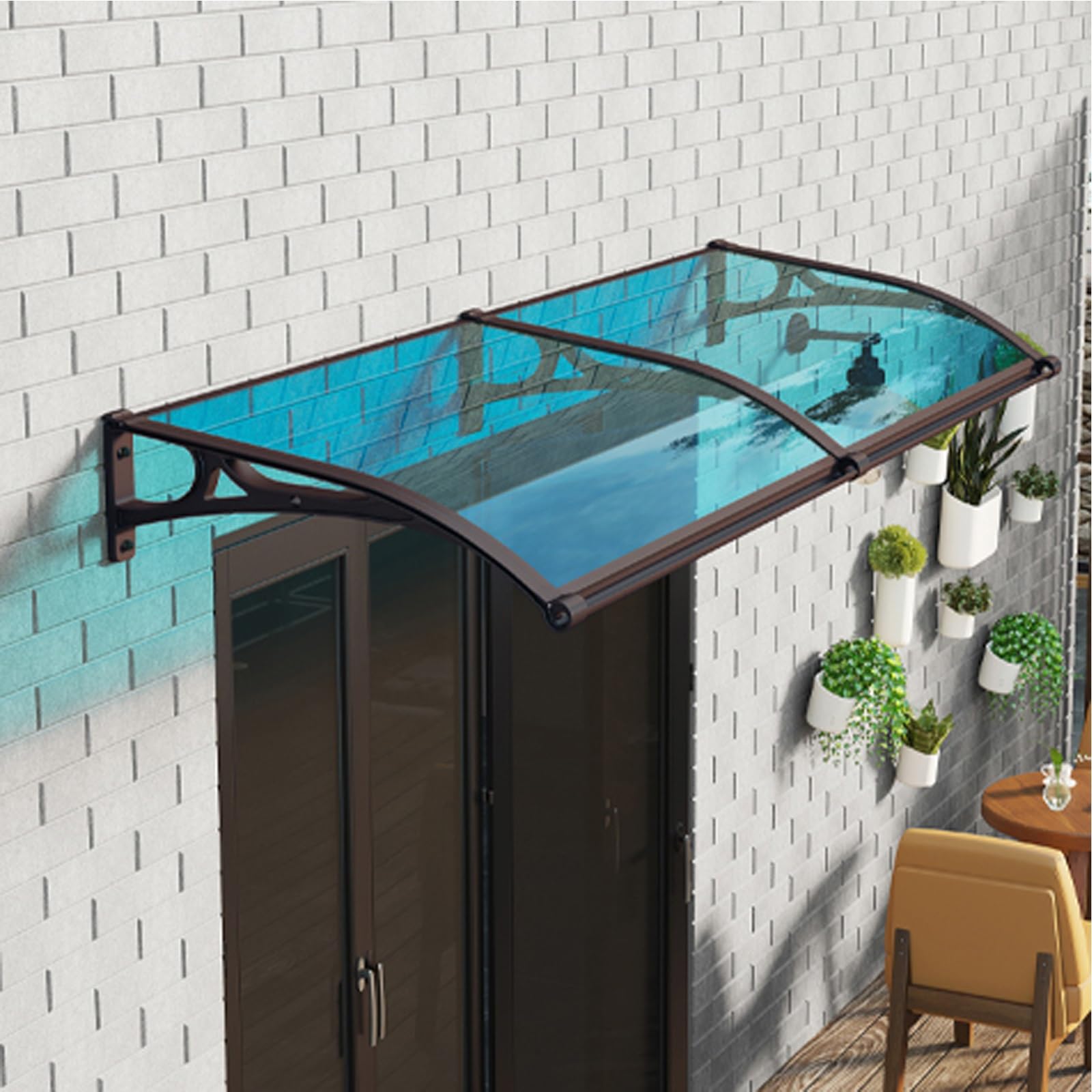 Auvent de terrasse bleu anti-pluie et anti-UV pour entrée de jardin
