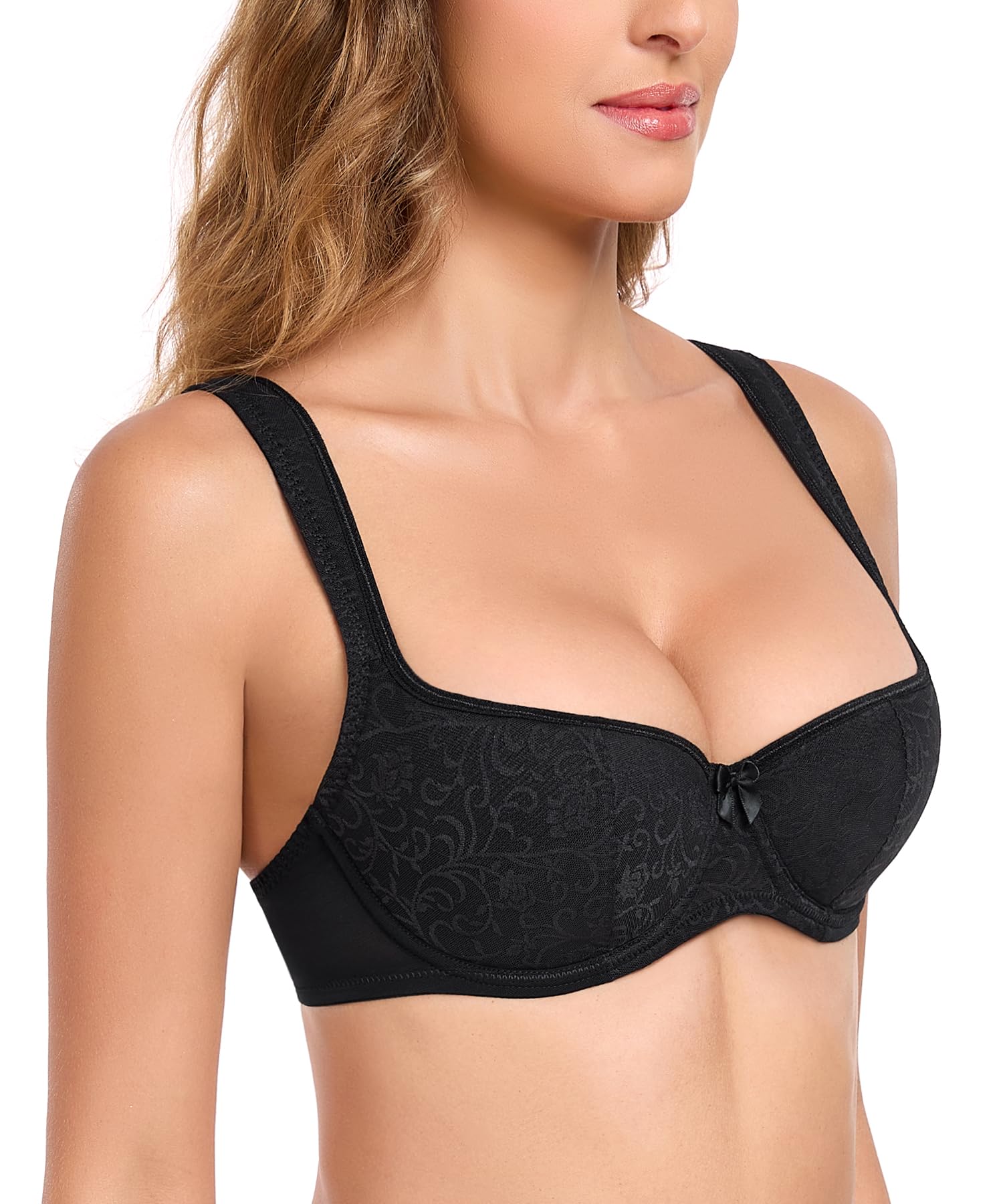 Lemorosy Reggiseno da donna push-up leggermente imbottito in pizzo mezza coppa con ferretto a taglio basso in rete
