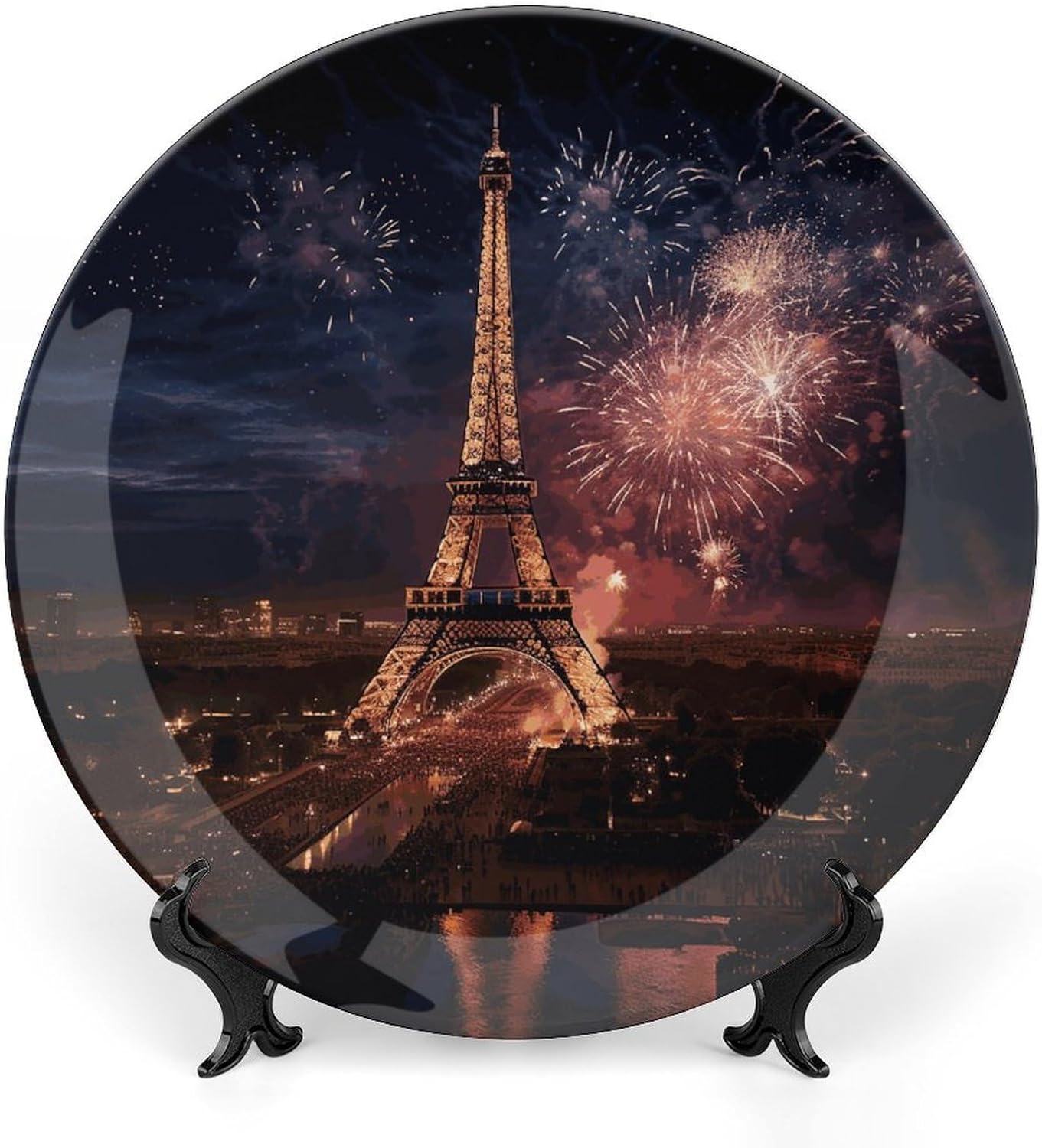 Eiffel Tower Fireworks Ceramic Plate 10inch Decorative Bone China Wall Hanging Ornament Plates Bohemian Style Dinner Plate with Display Stand Cabinet Display Plates for Home Art Decor
