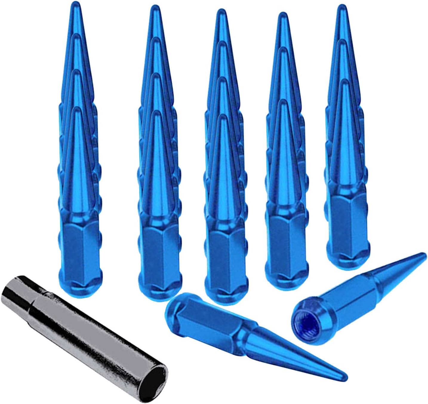 20 Pc Blue Brand New 12x1.5 "SOLID SPIKE" Metal Lug Nuts Spiked Lugs + 1 KEY | Fits Toyota Tacoma FJ 4Runner Lexus GX