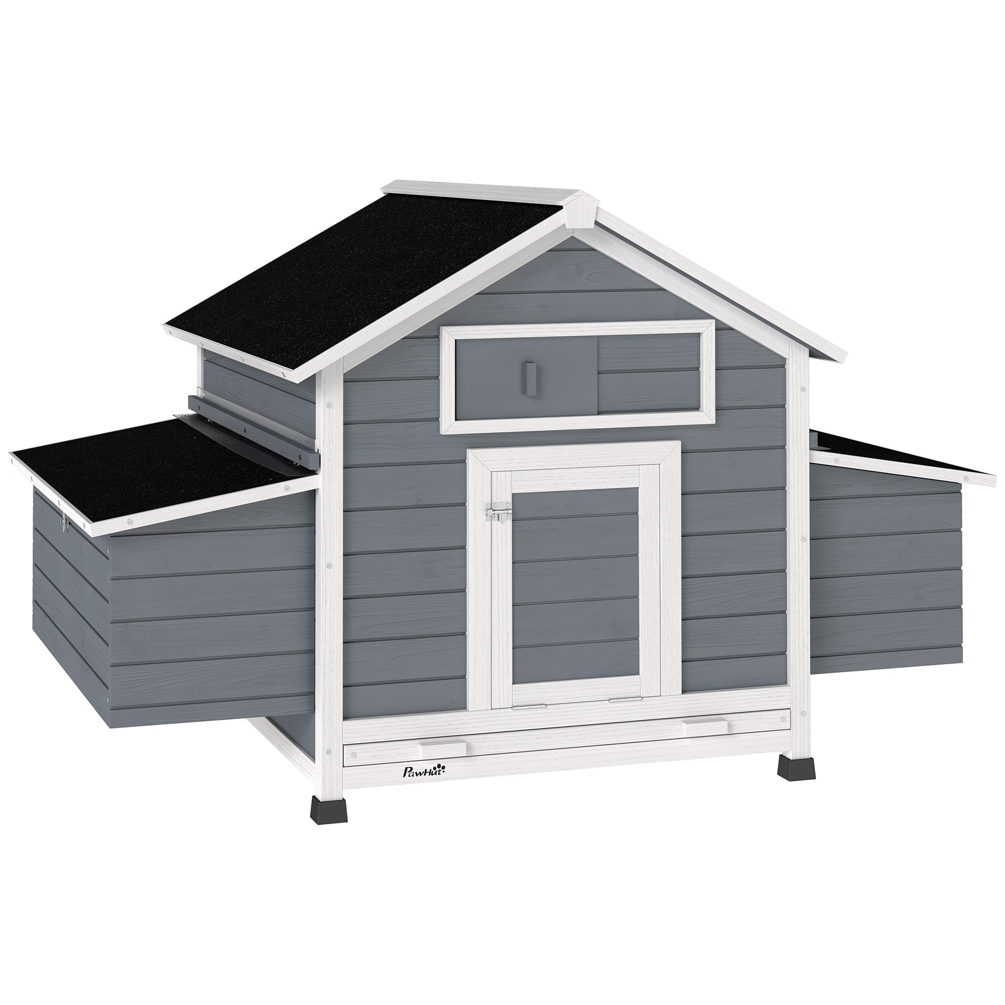 PawHut Gallinero de Madera para Exterior, 2 Nidos, Bandeja Extraíble, Perchas, Techo Impermeable, 150x100x96,5 cm, Gris
