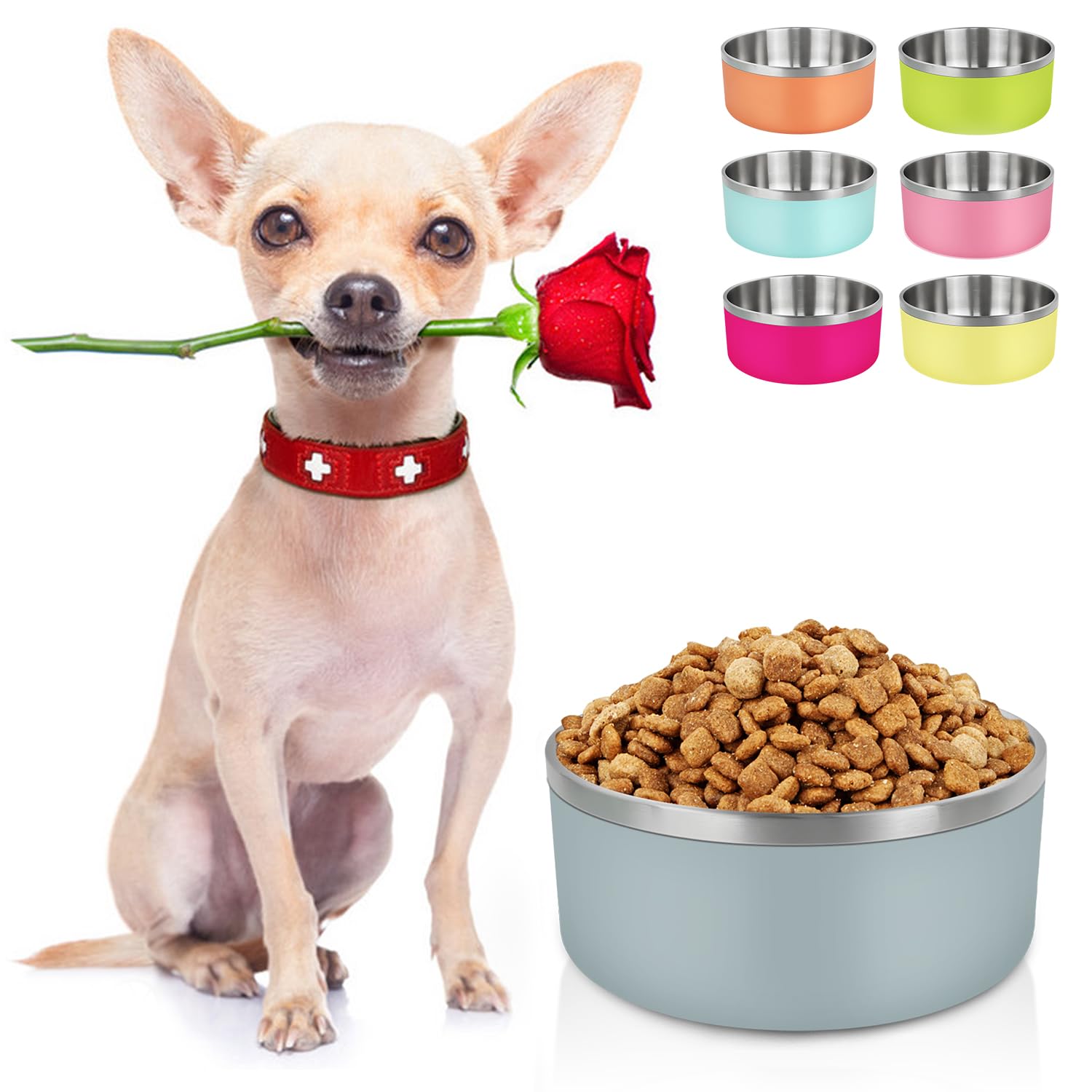 LIHONG Stainless Steel Dog Bowls for Small Medium Sized Dogs Non Slip,Insulated Dog Bowl,Pet Bowl for Food and Water,Rustproof(40oz,Light Grey)