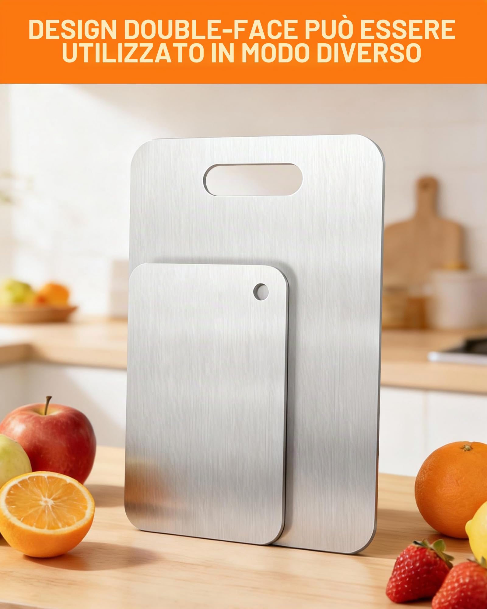 Set di 2 taglieri in acciaio inox – Tagliere inox doppio lato, senza BPA, ideale come tagliere da cucina per carne, pane, verdure e frutta, ampia superficie di taglio (34 × 23 cm + 25 × 15 cm)