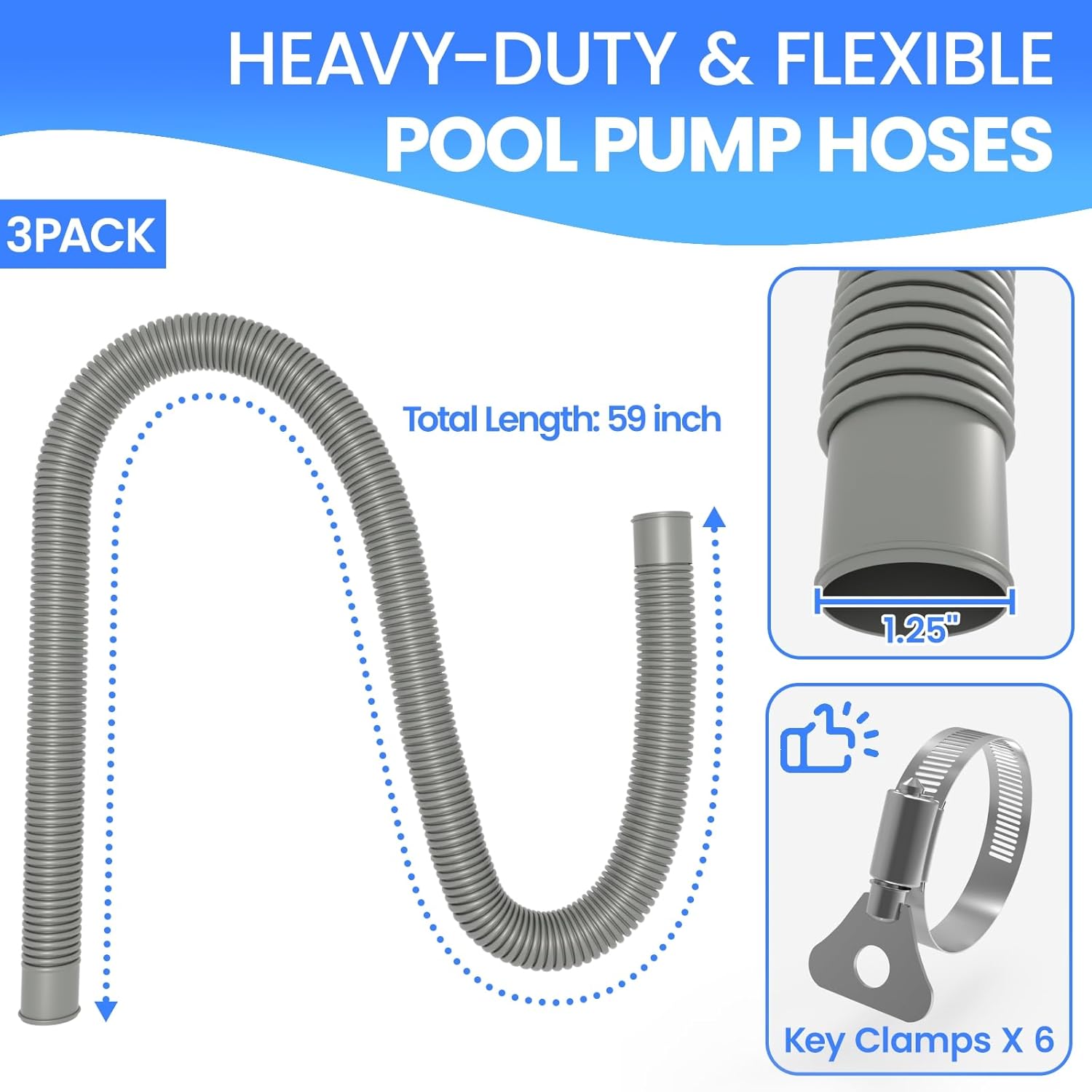 Poolvio Pool Hoses for Above Ground Pools 1.25" Diameter x 59" Long, 3-Pack, Heavy Duty UV Resistant & Leak-Proof Pool Pump Hoses with 6 Metal Thumb Clamps, Fits Intex Filter Pump 607/637