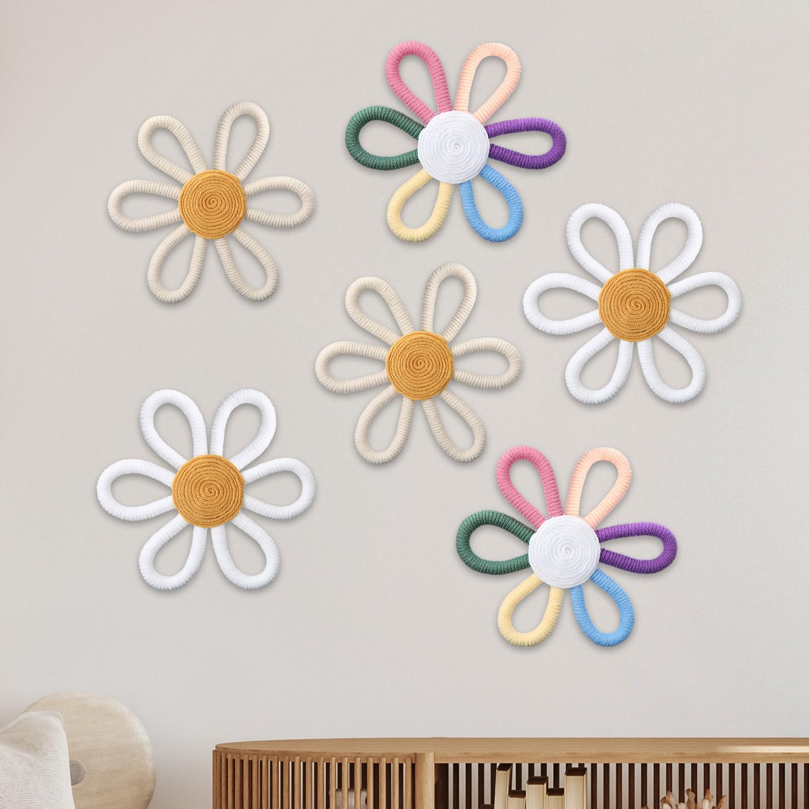 Ripeng 6 Pcs Boho Nursery Decor Flower Daisy Wall Art 6 Inch Woven Macrame Wall Hanging Bohemian Flower Decor Daisy Nursery for Baby Girls Kids Home