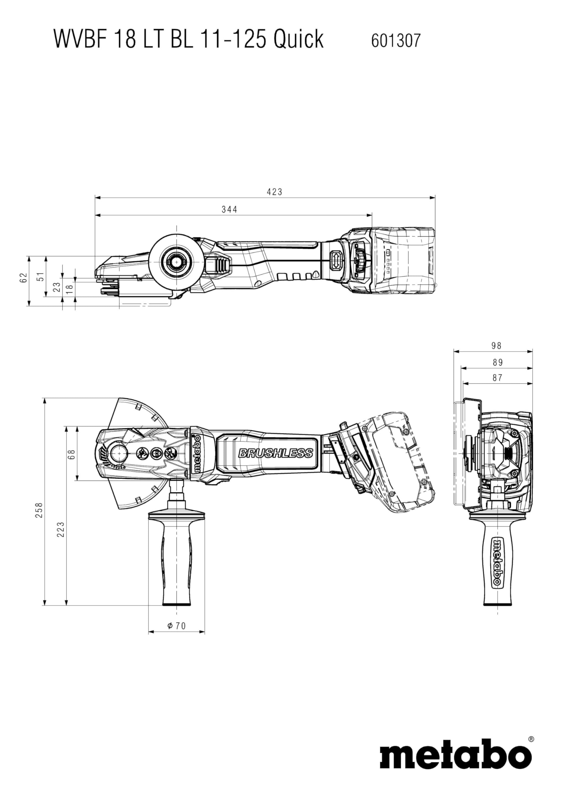 Metabo WVBF 18 LT BL 11-125 Quick akumulatorowa szlifierka kątowa z płaską głowicą – w zestawie MetaBOX 165 l (napięcie akumulatora 18 V, średnica tarczy 125 mm, waga 1,9 kg) 601307840