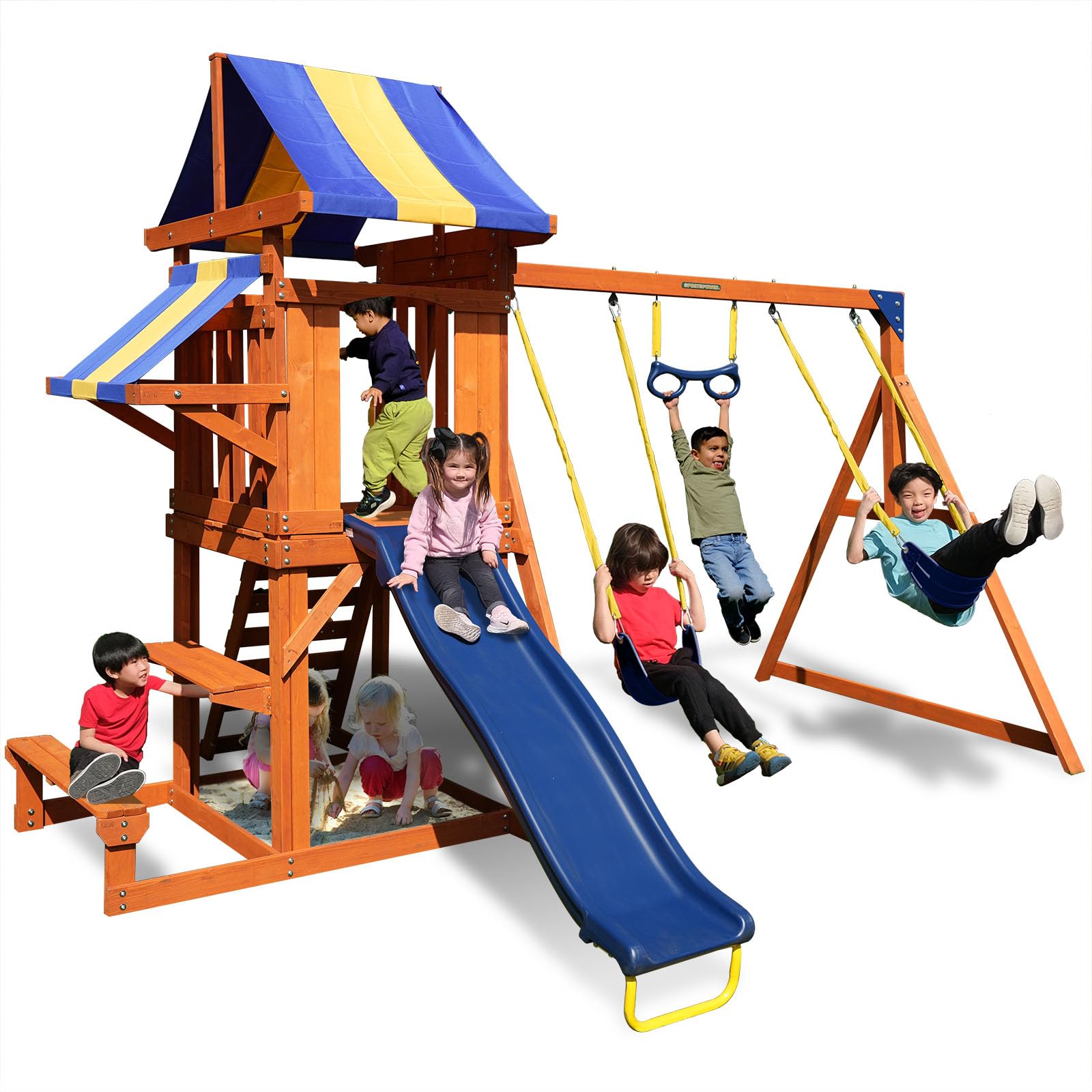 SportsPower Sunnyslope Wooden Swing Set with Slide, Rock Wall