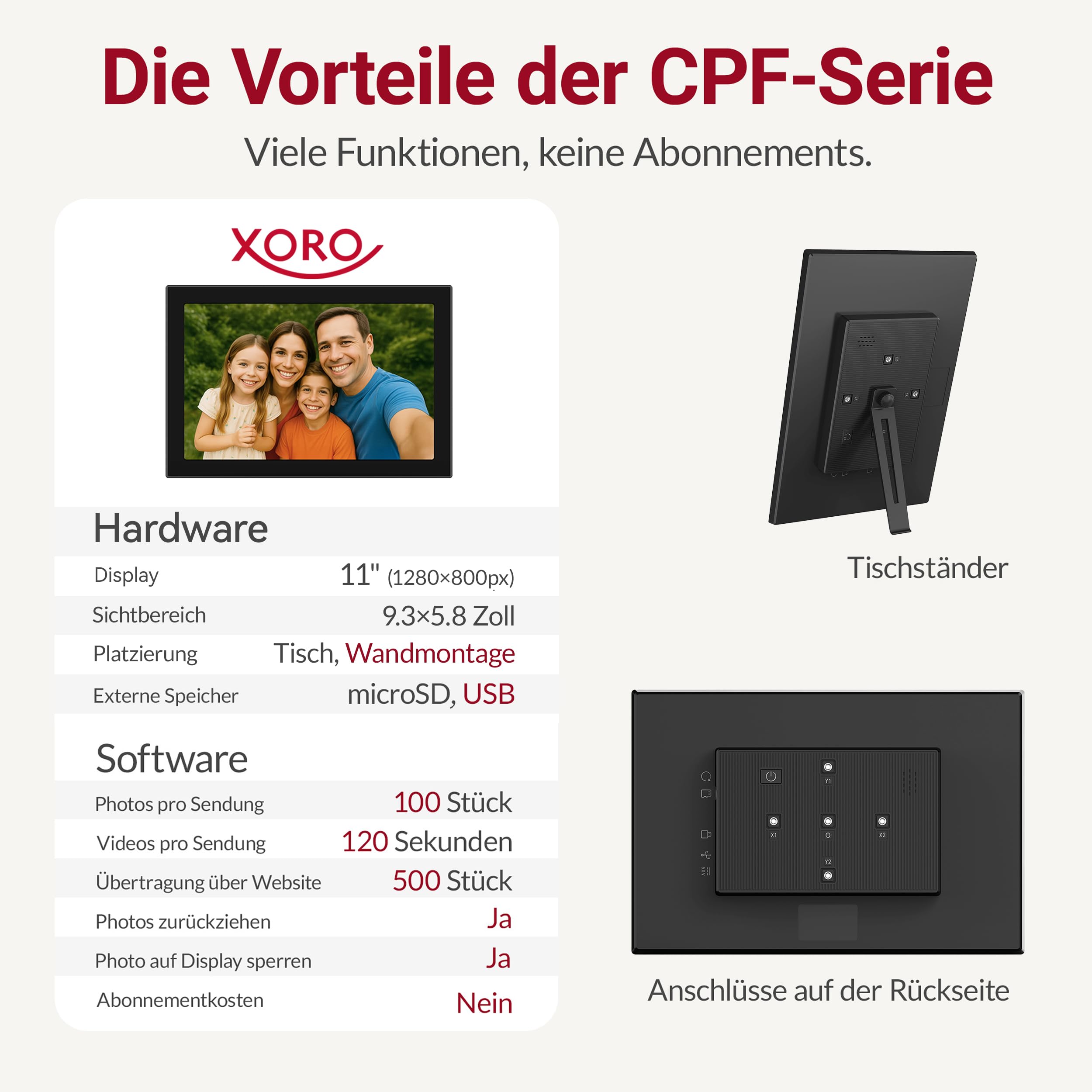 XORO 11 Zoll WiFi Digitale Bilderrahmen, 1280x800 HD IPS Touch Display, 16GB Speicher, Automatische Rotation, Teilen Sie Fotos sofort von überall aus