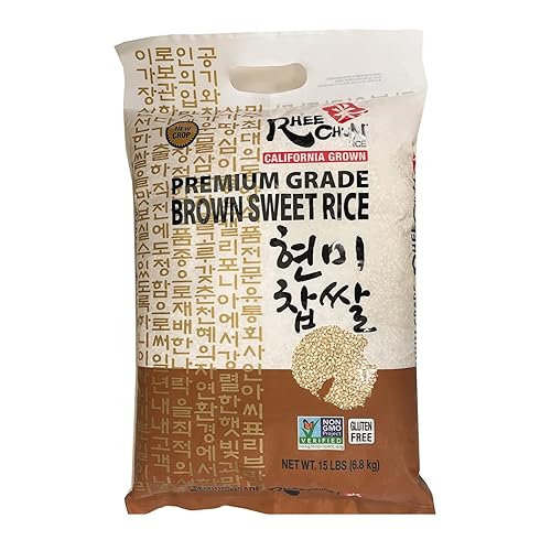 Rhee Chun Arroz dulce integral, sin gluten, verificado sin OMG, cultivado en California, grado premium, 15 libras. Bolsa