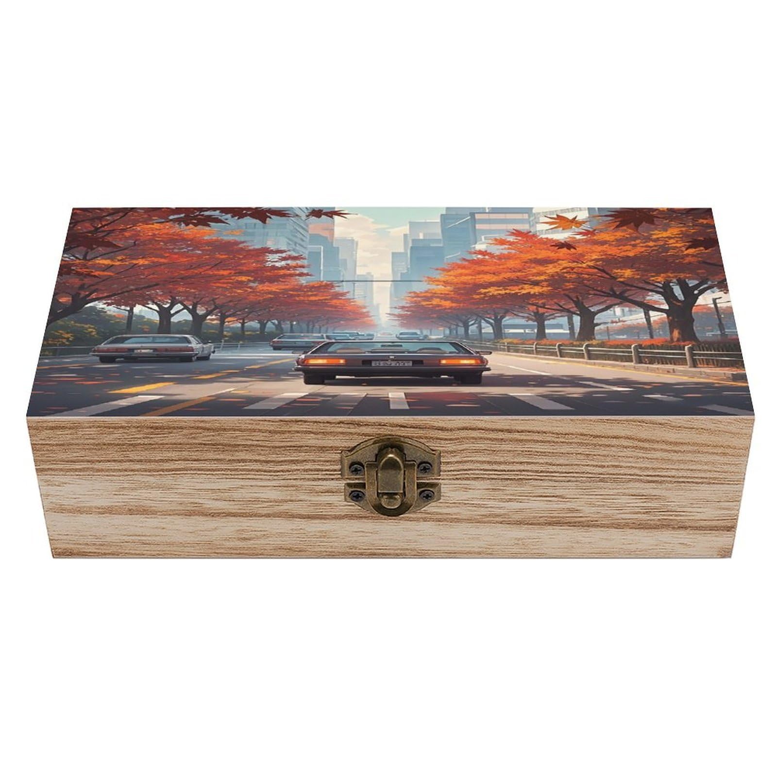 LZQPOEAS Red Maples on The Roadside Wooden Box Storage Space to Organize Jewelry in A Beautiful Small Storage Box Decorative Card Boxes Memory Treasure Boxes for Crafts And Photo Storage