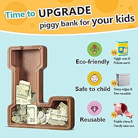 Summidate Large Wooden Piggy Bank for Kids Adults, Alphabets Letter A-Z Piggy Bank for Boys Girls, Coins Bills Change Bank Box Personalized Initial Name Kids Money Bank for Birthday Present and Decor